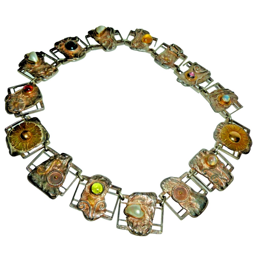 Vintag Michie McConnell Sterling Silver 925 & 22k Gold Gemstones Pearls Necklace